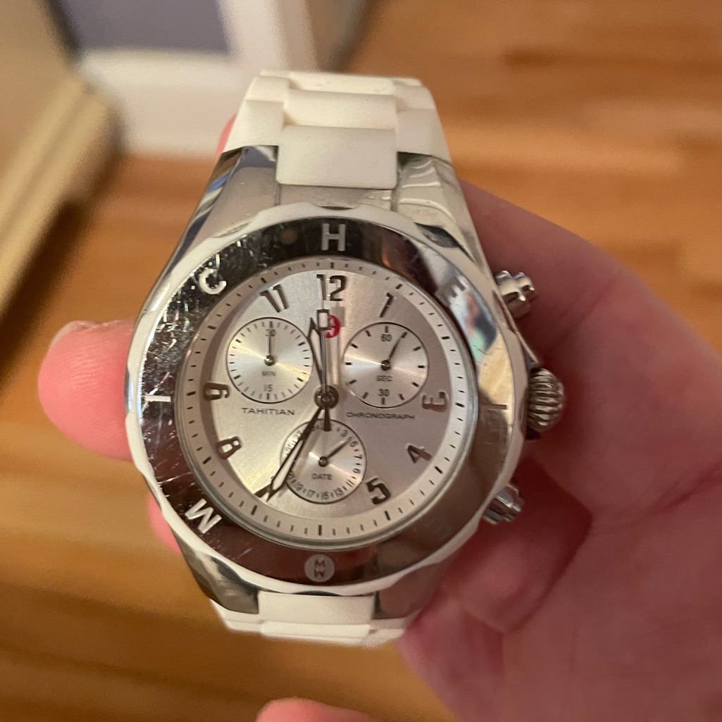 Michele Watch With Silver Face And White Rubber Band.